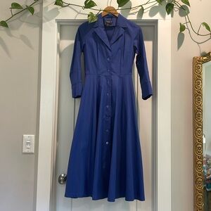 J. Peterman Long-sleeve 1947 Dress Electric Blue Size 2 100% Cotton